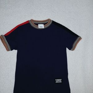 Burberry Kids Navy Tee with Red and Black Stripes
